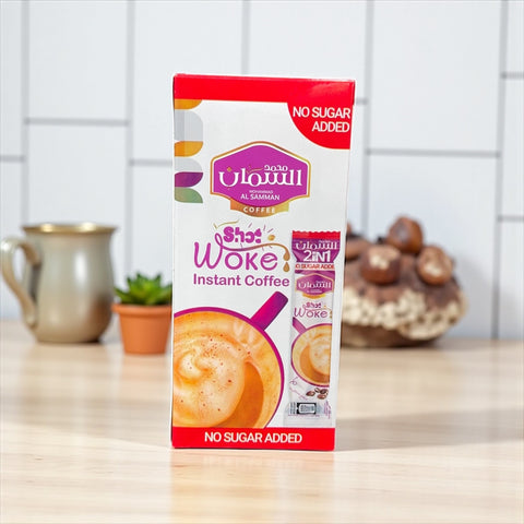 Al Samman Shot Woke Instant Coffee packaging - no sugar added, ideal for coffee lovers seeking instant coffee no sugar options.