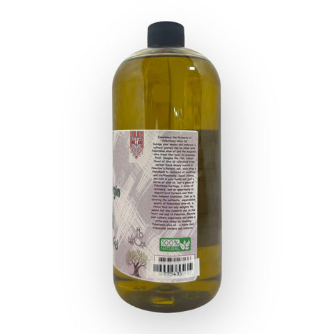 Palestinian Extra Virgin Olive Oil 500ML being poured, highlighting its premium quality olive oil and fruity flavor.