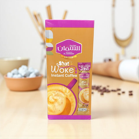 Close-up of Al Samman Shot Woke Instant Coffee - 3IN1 granules, highlighting the quality ingredients in this instant coffee mix.