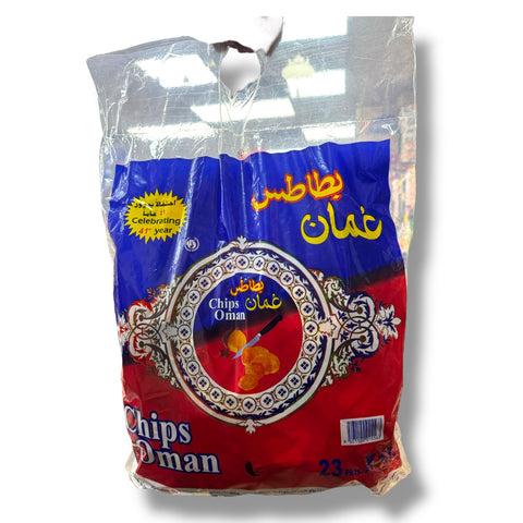 Oman Chips 23 bags x13g showcased in a colorful packaging, featuring a vibrant design and the label 'Celebrating 41 years'. Ideal for those looking for crunchy snack bags, this product offers a variety of flavors in convenient servings.
