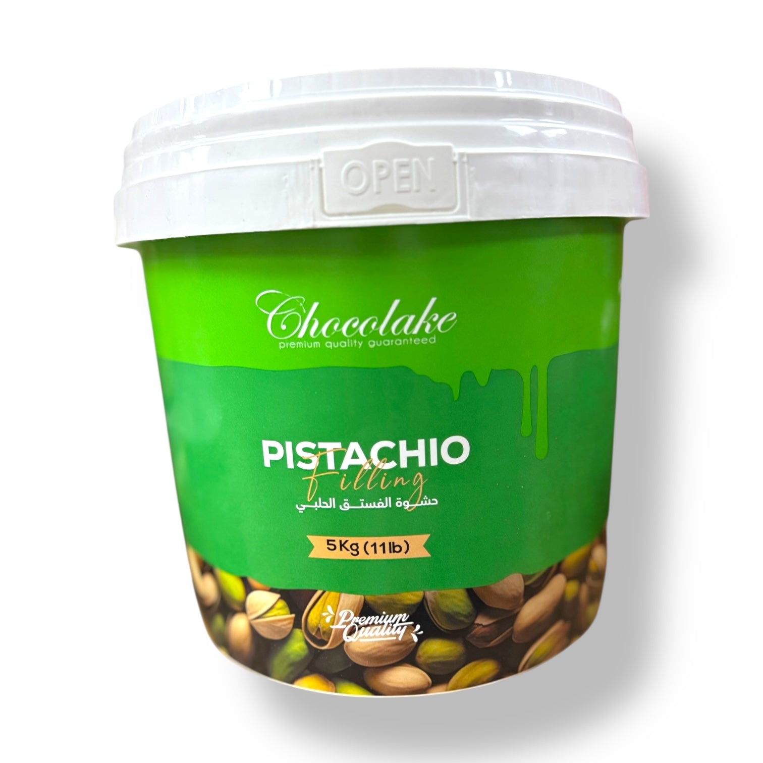 Chocolake Pistachio Cream Spread in a 5kg jar, showcasing luxurious spread made from premium Dubai pistachios, ideal for various recipes and snacking.
