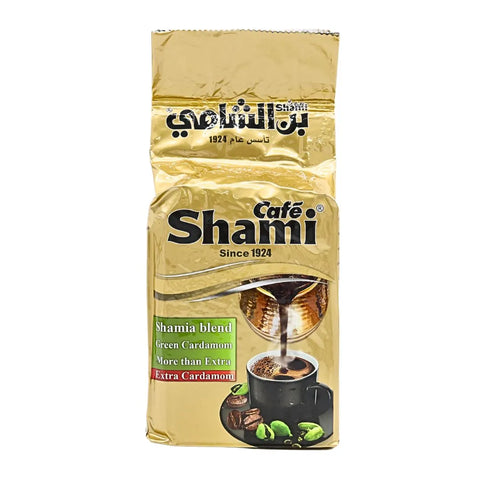 Golden bag of Shami Cafe Coffee with cardamom 500g featuring rich Shamia blend and aromatic green cardamom imagery