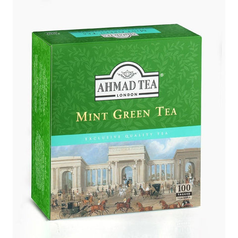 Ahmad Tea Mint Green Tea 100 teabags box with refreshing green and mint blend packaging