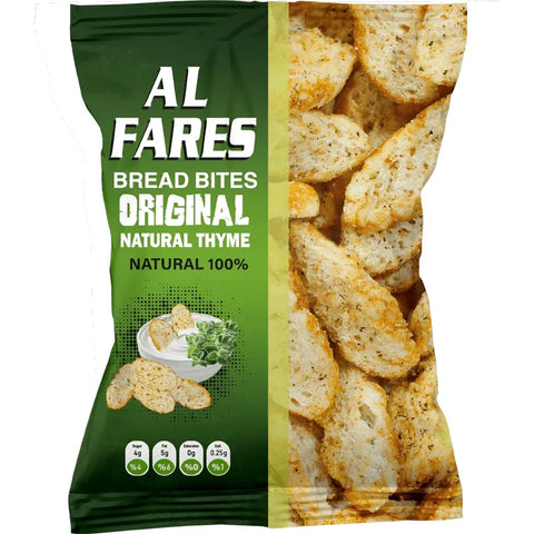 Al Fares 120g Roasted Zaatar Bread Bites natural thyme flavored crunchy herbed bread snacks in green packaging