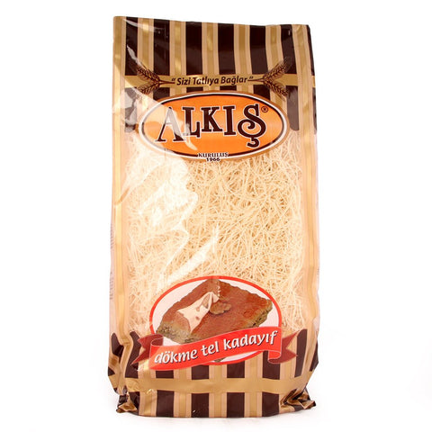Alkis Kadayif Dessert 1.1 Lb bag highlighting the classic Turkish shredded dough. The packaging illustrates the rich heritage of Kadayif, featuring a visual of the dessert served with a topping. A must-have for dessert lovers. Albasha.