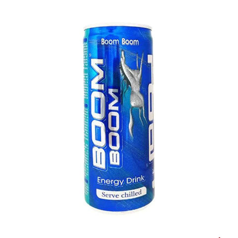 Blue 250ml Boom Boom energy drink can for instant energy boost and endurance enhancement