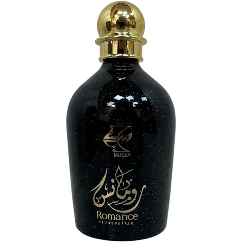 Close-up of the PERFUME MUSKY ROMANCE label, highlighting the essence of a romantic musk scent.