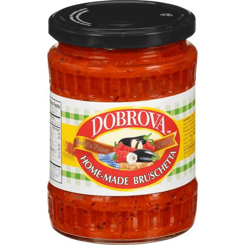 Jar of Dobrova homemade bruschetta with black lid and colorful label