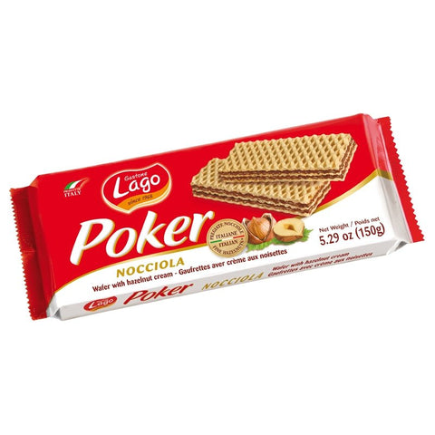 Gastone Lago Poker hazelnut cream wafer pack 150g with red and white packaging