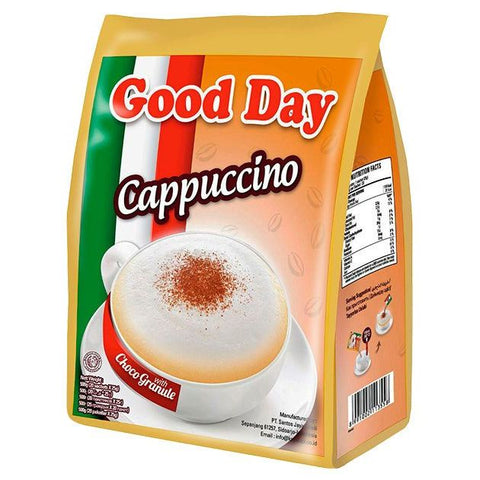 Good Day Cappuccino instant coffee pack with creamy froth and chocolate granules on cup