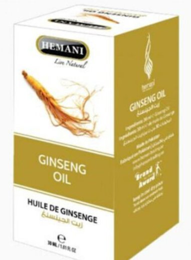Hemani Ginseng Oil packaging box with natural ginseng root illustration and product details