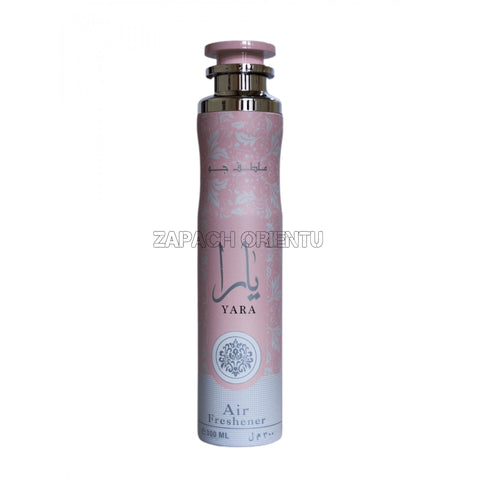 Lattafa Yara Air Freshener 300ml in pink bottle with floral design and silver cap, tropical orchid scent with woody and musk notes from UAE