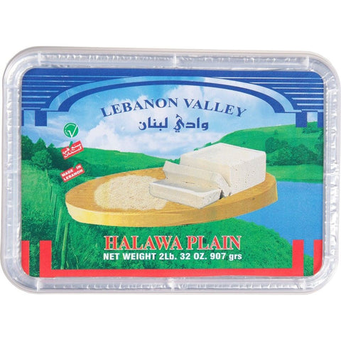 Lebanon Valley Halawa plain sweet tahini dessert in rectangular plastic container with green and blue label
