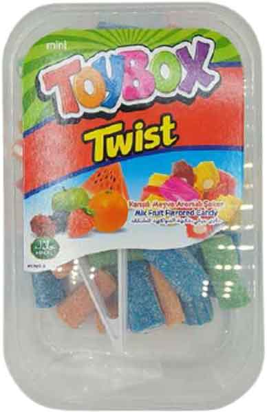 Mini Twist Licorice assorted fruit flavored candy in clear plastic packaging labeled Toybox Twist 7.05 oz