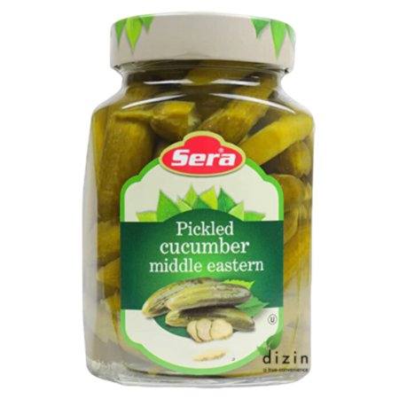 Sera Cucumber Pickles Middle Eastern Style in glass jar with green label and white lid