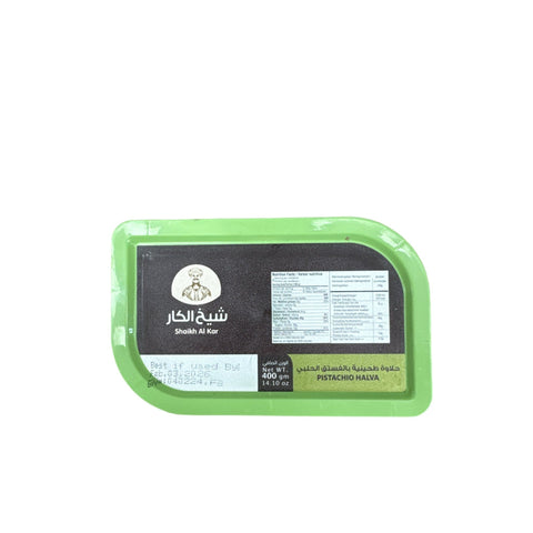 Shaikh Al Kar Halva with Pistachio in green packaging, premium Middle Eastern creamy sweet treat.