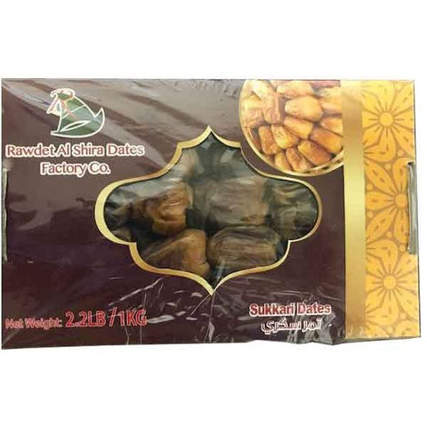 Package of Sukkari Rotab Dates by Rawdet Al Shira Dates Factory Co. weighing 2.2 pounds (1 kg) with golden decorative design and clear window showing the dates inside