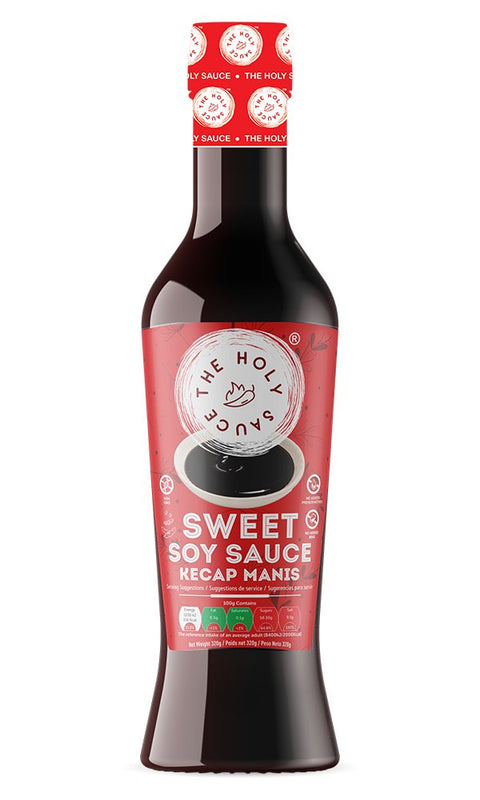 The Holy Sauce Sweet Soy Kecap Manis 320g bottle with red label and caramelized sweet soy sauce inside