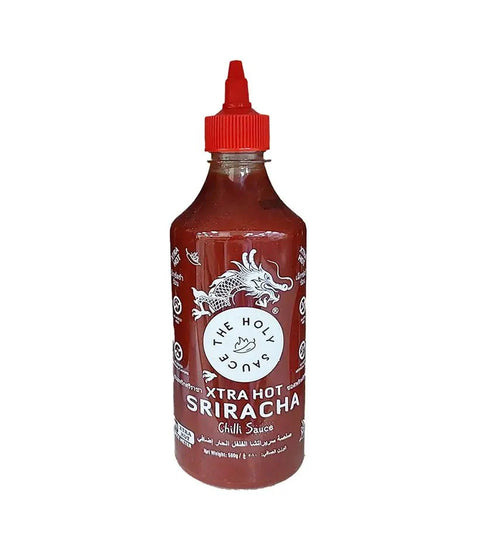 The Holy Sauce Xtra Hot Sriracha Chili Sauce 580G bottle with red cap and dragon logo