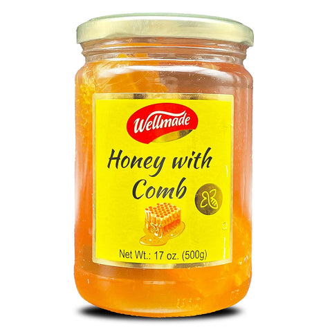Wellmade Pure Raw honey with comb in glass jar, 17 oz natural unfiltered honeycomb