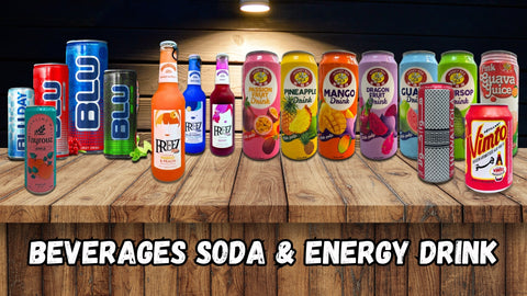 Beverages Soda & energy drink collection showcasing a variety of refreshing beverage options including Boom Boom energy drink, Palestinian Hawa soda, and premium Hamoud Boualem soda.