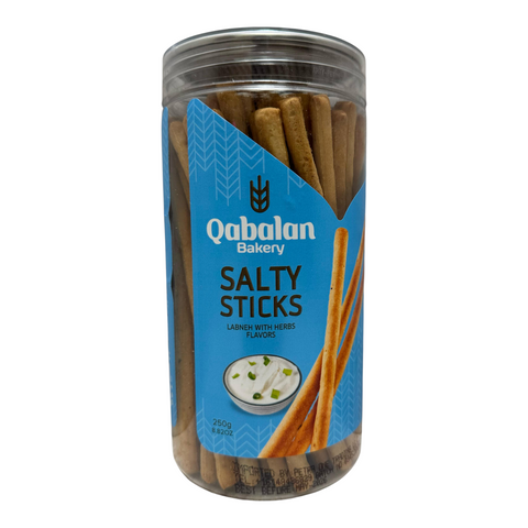 Qabalan Salted Stick Labneh Herbs 250 G packaged in a traditional style, showcasing vibrant herbs and spices.