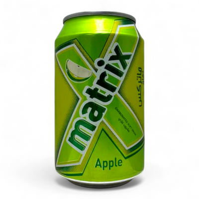 Matrix Apple Carbonated Drink 330ml featured in a stylish display, showcasing its refreshing packaging.