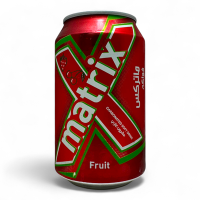 Matrix Fruit Carbonated Drink 330ml in a vibrant can showcasing fruity flavors and refreshing carbonation, perfect for hydration.