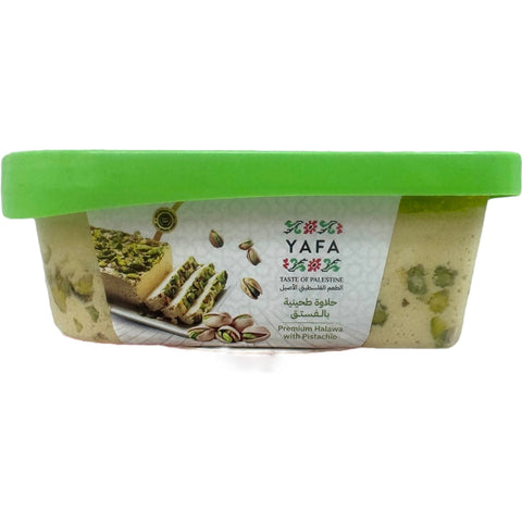 Close-up of Yafa pistachio halva 400g highlighting the texture and premium quality of the sweet treat.