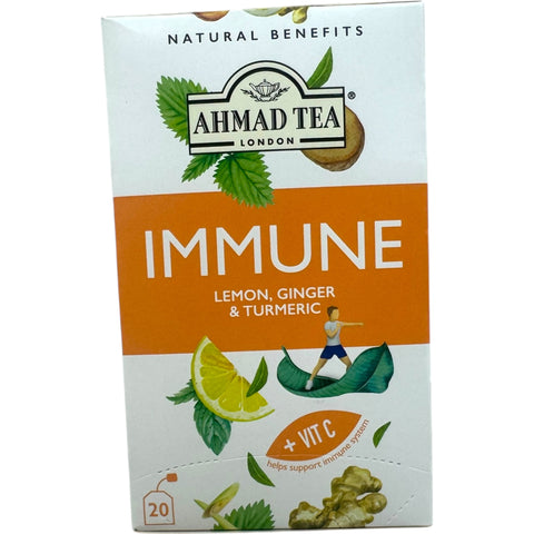 Ahmad tea immune boosting tea packaging showcasing its health benefits.