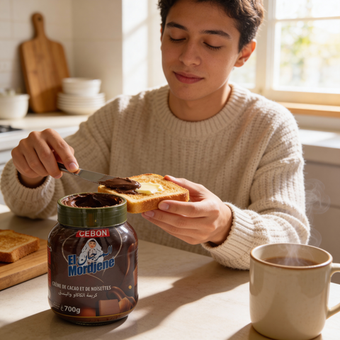 Spoonful of Cebon El Mordjene Gourmet Chocolate Spread revealing the luxurious consistency of this delicious hazelnut delight.