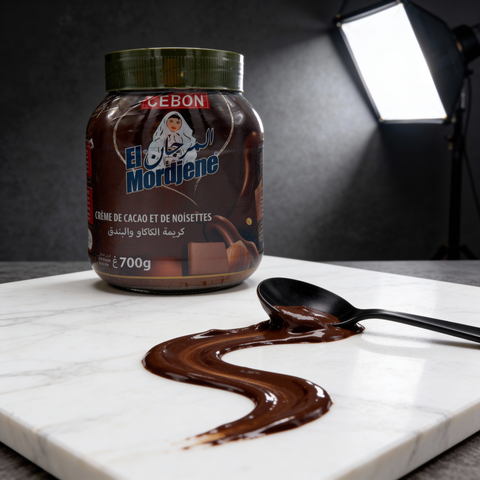 Close-up of Cebon El Mordjene Gourmet Chocolate Spread highlighting the premium hazelnuts and quality ingredients used.