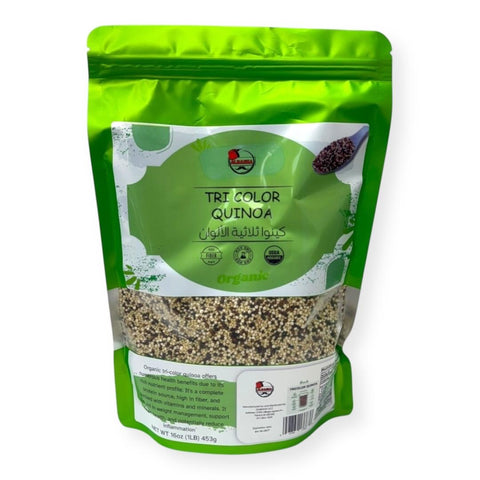 Albasha QUINOA TRI COLOR ORGANIC featuring organic tricolor quinoa, a nutritious blend of red, white, and black quinoa for a healthy diet.
