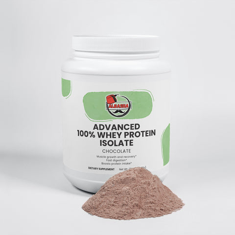 Spoonful of Advanced 100% Whey Protein Isolate (Chocolate) by ALBASHA Store, ideal for post-workout recovery as a high quality protein powder.