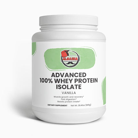 Vegetarian label for Advanced 100% Whey Protein Isolate by ALBASHA Store featuring high-quality whey protein isolate.