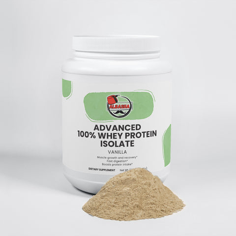 High-quality protein isolate content infographic for Advanced 100% Whey Protein Isolate by ALBASHA Store.