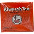 Alwazah black loose tea with cardamom tea package on a wooden surface.