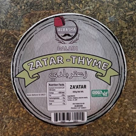 Container of Albasha premium quality Zatar (Thyme) 400g, perfect for creating an authentic zatar recipe, with a blend of thyme, sesame seeds, and sumac.