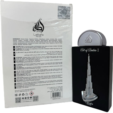 Lattafa Perfume PRIDE ART OF ARABIA SPRAY 100ML with intricate packaging, representing a premium luxury middle eastern scent experience.