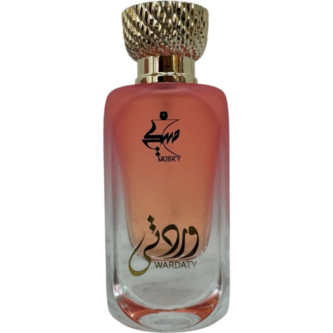 PERFUME MUSKY WARDATY - Close-up of Arabic musky perfume highlighting the intricate details of its packaging.