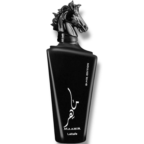Close-up view of Latafa Maahir perfume highlighting its luxurious packaging and captivating fragrance from ALBASHA Store.