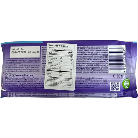 Close-up of Milka bubbly, alpine milk 90g showcasing the unique texture of bubbly chocolate snacks.
