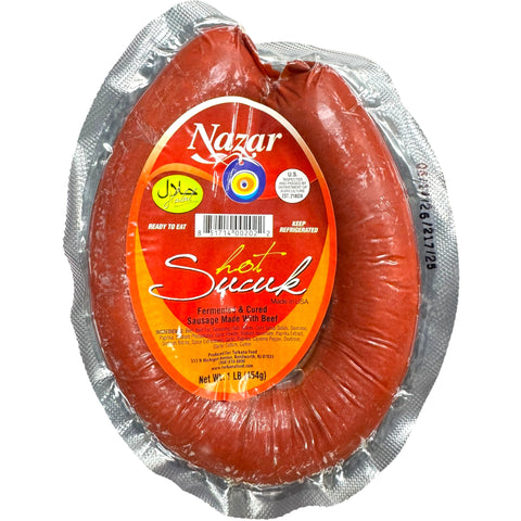Nazar hot sucuk 1lb package from ALBASHA Store, featuring distinctive spicy sausage made from high-quality ingredients.