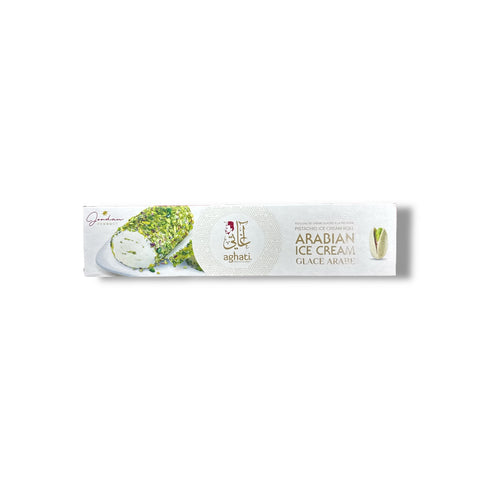 AGHATI Arabian Ice Cream with Crunchy Pistachios packaging showcasing the dessert, featuring rich flavor and creamy texture, from ALBASHA Market.