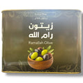 Bulk Ramallah Olives 8kg tin with green and black olives in a wooden bowl, premium quality Mediterranean olives from Palestine