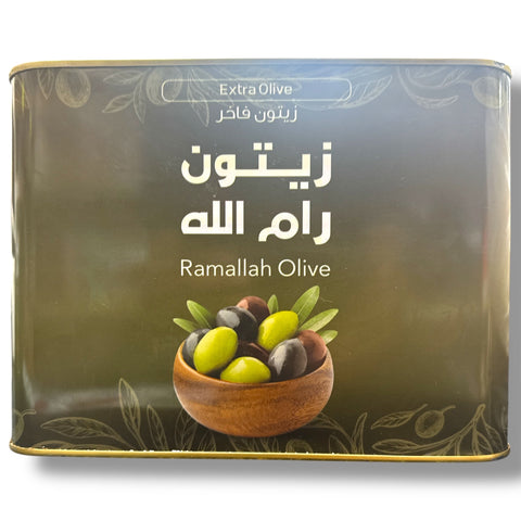 Bulk Ramallah Olives 8kg tin with green and black olives in a wooden bowl, premium quality Mediterranean olives from Palestine