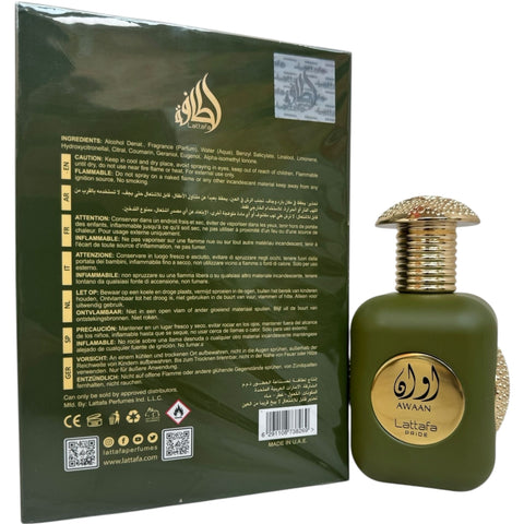 Lattafa Perfume AWAAN SPRAY 100ML placed next to decorative elements, illustrating its distinctive long lasting fragrance.