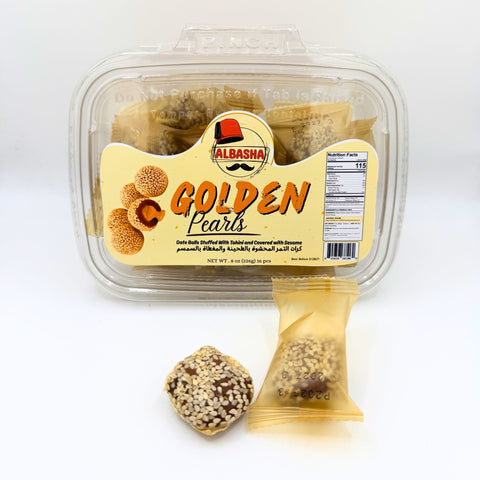 Golden Pearls Date Balls - Delicious Date Balls Stuffed With Tahini and Covered with Sesame, presented in an elegant arrangement.