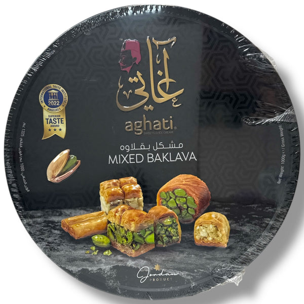 Aghati assorted mixed baklava 1000g showcasing traditional baklava assorted with a variety of flavors in an elegant presentation.