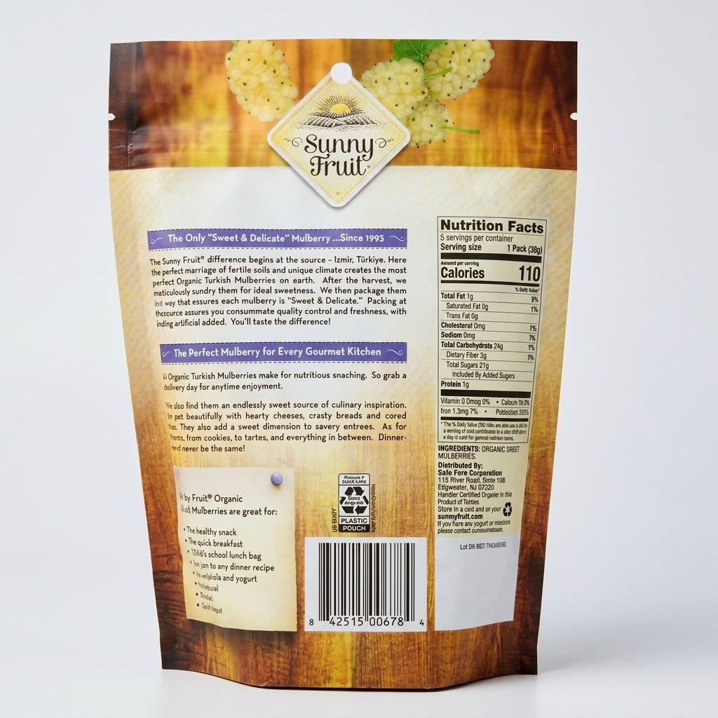 Sunny Fruit Organic Mulberries 1.76oz (5 Packs) - Sweet Turkish Dried Fruit